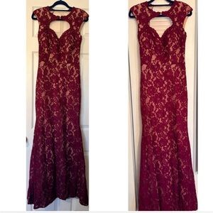 Xscape Burgundy Lace Maxi Dress
